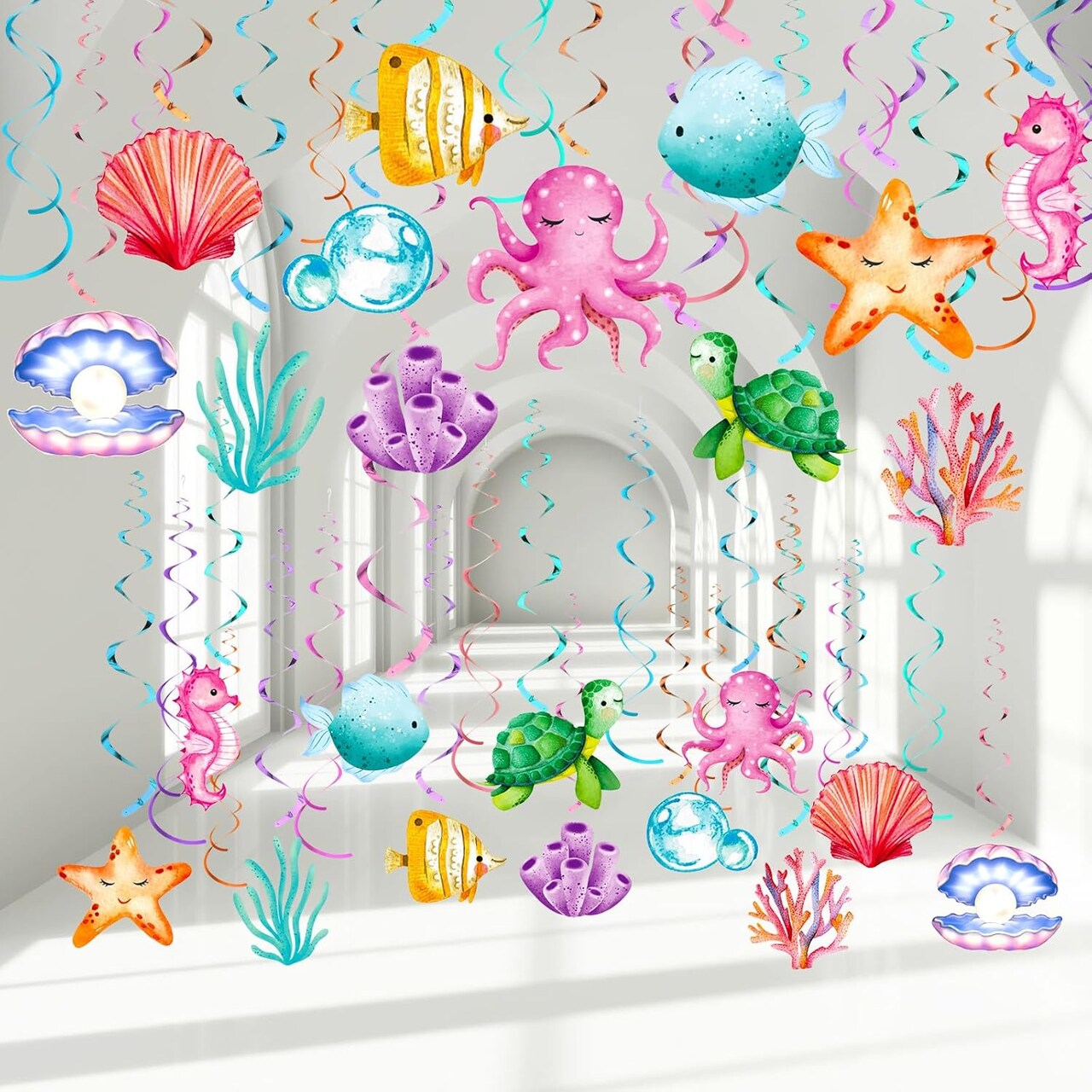 54-Piece Under the Sea Swirl Decorations – Tropical Ocean Fish & Sea Animal Hanging Ceiling Streamers, Turtle & Marine Life Garlands, Summer Party Decor for Birthday, Wedding & Baby Shower Supplies
